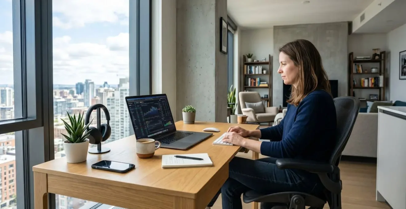 Bureau contemporain lumineux avec ordinateur portable affichant une interface de simulation financière, clavier blanc et carnet posés sur un plan de travail épuré