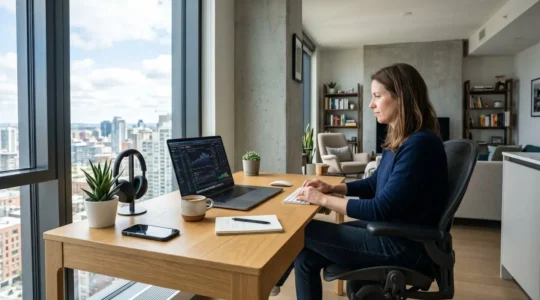 Bureau contemporain lumineux avec ordinateur portable affichant une interface de simulation financière, clavier blanc et carnet posés sur un plan de travail épuré