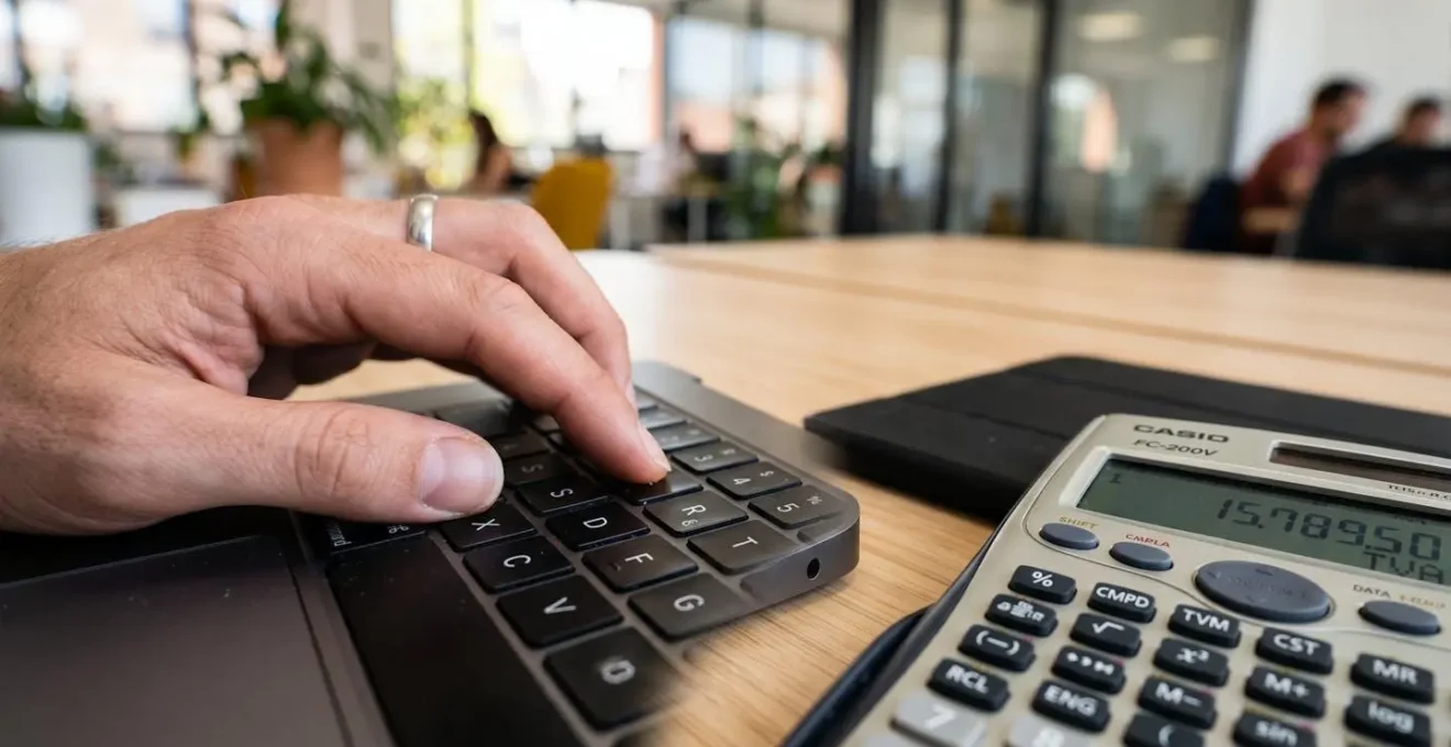 Gros plan sur des mains tapant sur un clavier d'ordinateur portable moderne avec une calculatrice financière posée à côté sur une surface de bureau épurée