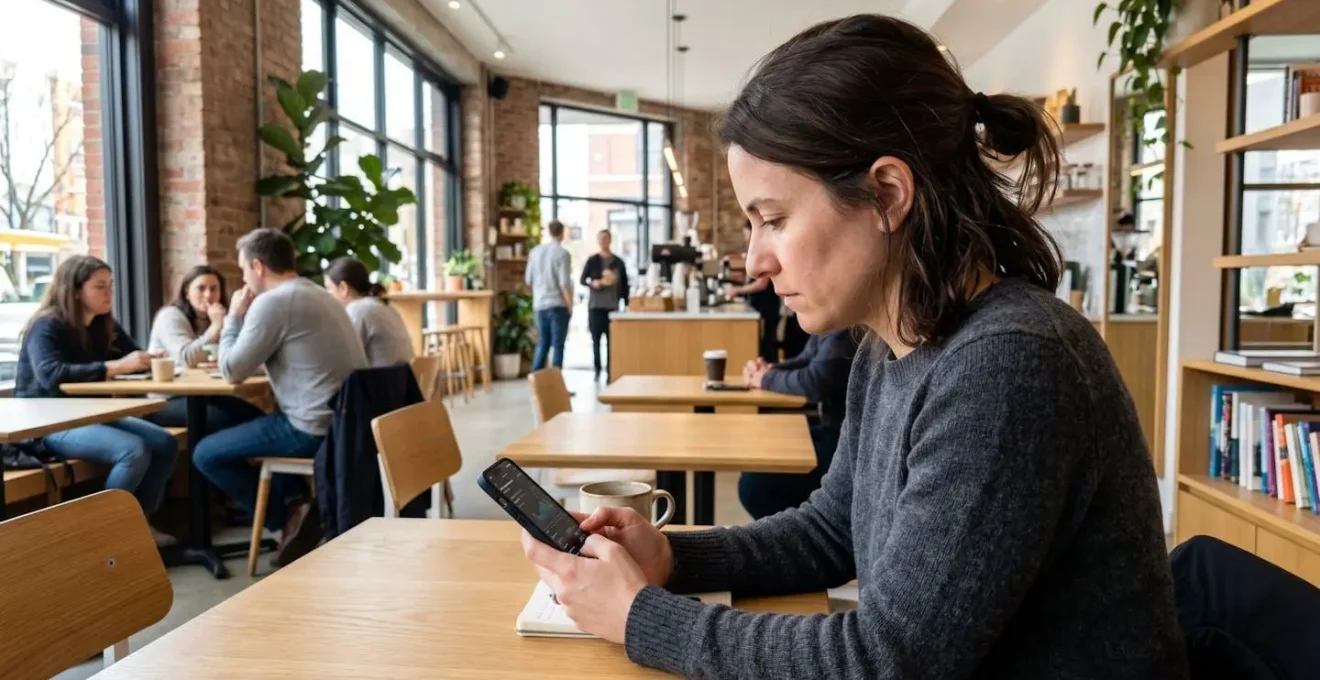 Vue de profil d'une personne trentenaire regardant avec concentration l'écran de son smartphone dans un intérieur contemporain lumineux aux tons clairs