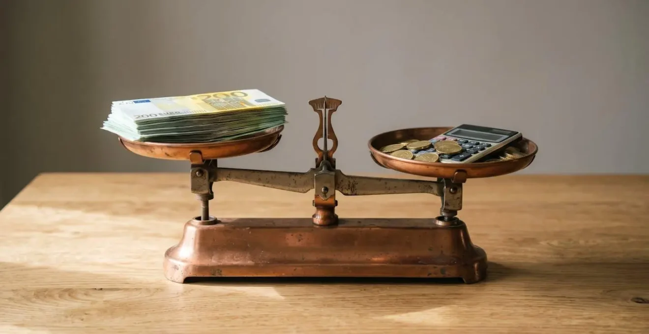 Balance de précision en cuivre avec billets d'euros sur un plateau et pièces dorées avec calculatrice sur l'autre, symbolisant le calcul de rentabilité LMNP