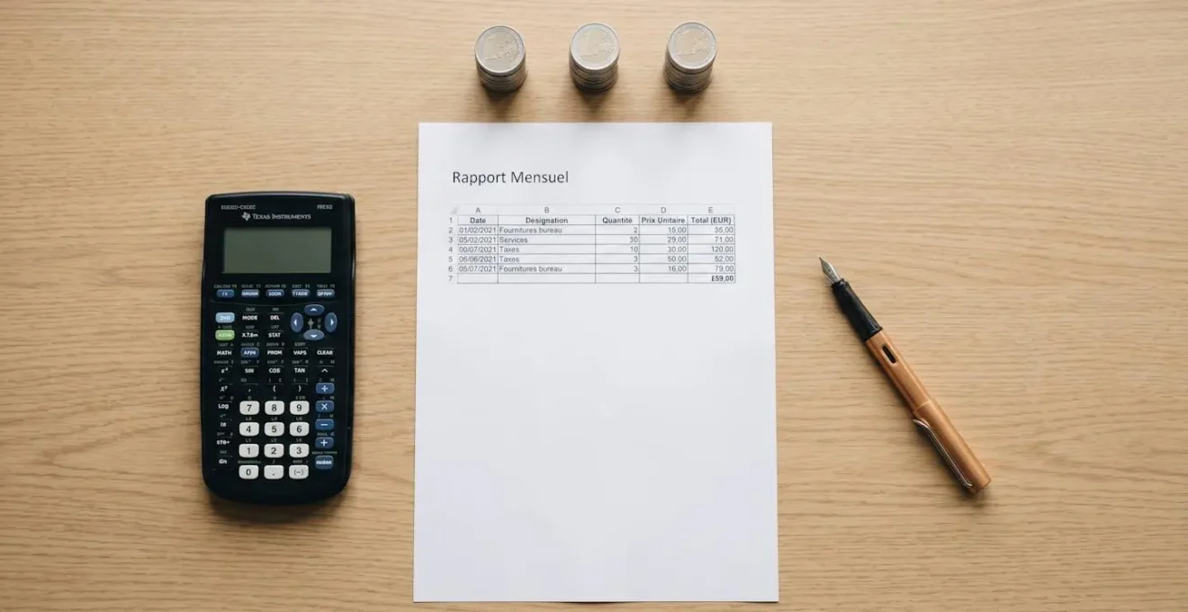 Bureau organisé vu du dessus avec feuille de calcul Excel, calculatrice, stylo et pièces de monnaie alignées, représentant la méthode de calcul de rentabilité LMNP