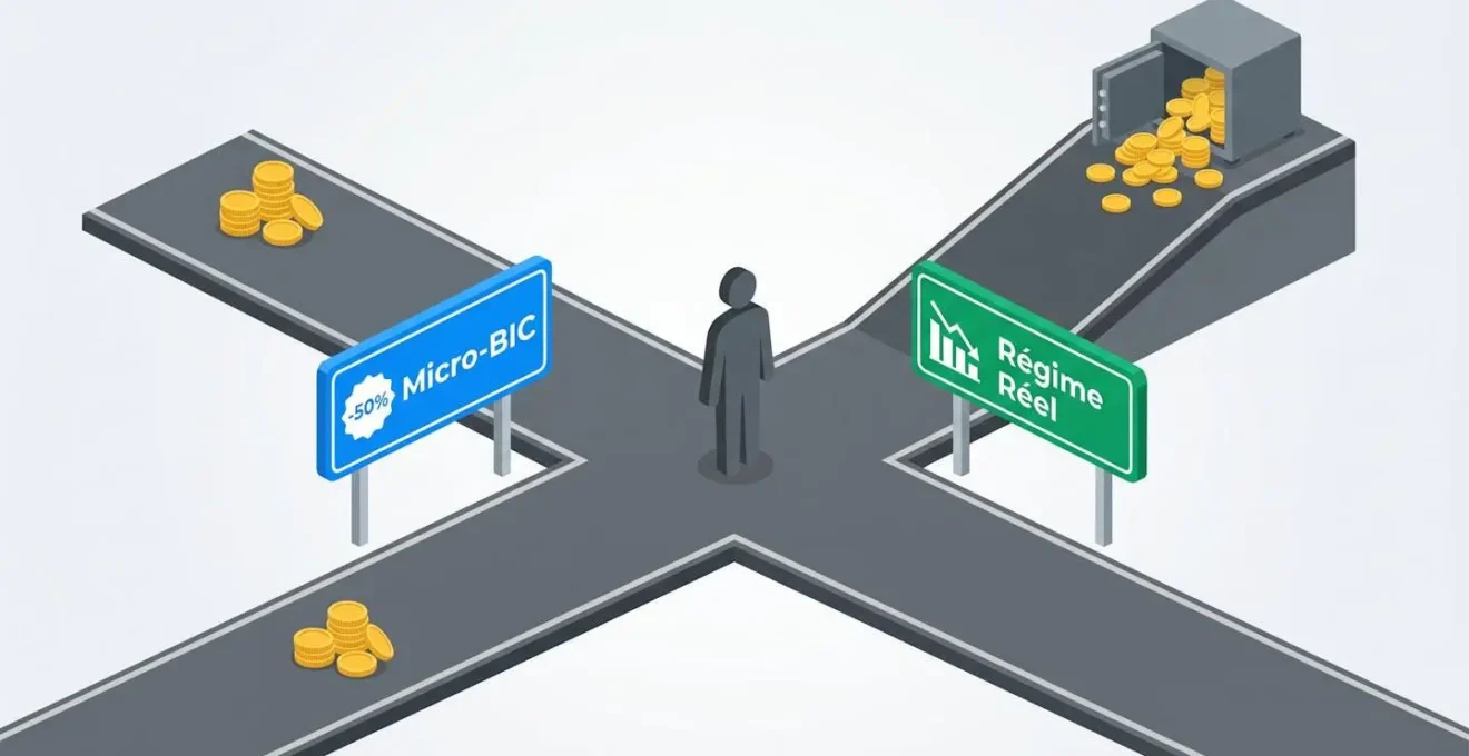 Illustration isométrique d'un carrefour routier en Y avec deux chemins : micro-BIC menant à une petite pile de pièces et régime réel menant à un coffre-fort rempli