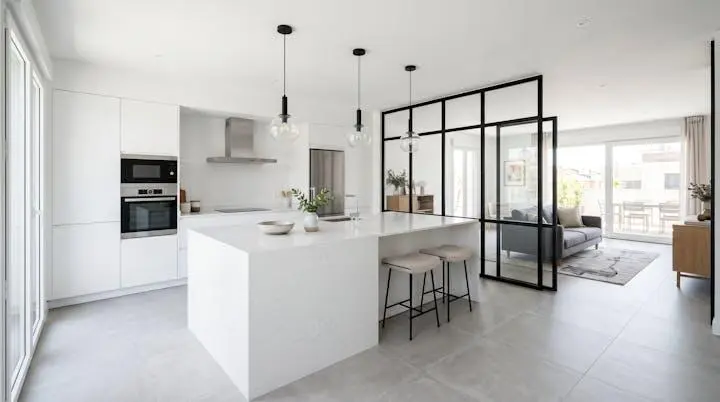 Cuisine moderne ouverte avec îlot central en quartz blanc, électroménager intégré et verrière d'atelier