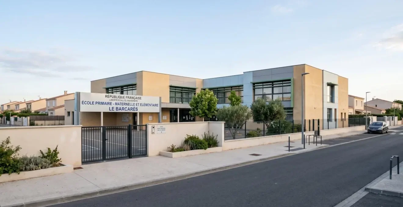 Façade extérieure d'une école primaire ou maternelle publique dans un quartier résidentiel du Barcarès, bâtiment fonctionnel typique établissements scolaires français avec panneau signalétique école, cour visible, environnement résidentiel calme, lumière naturelle douce