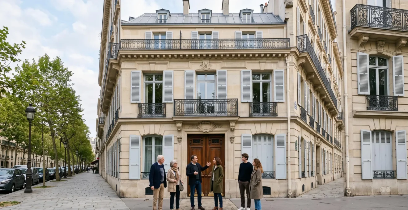 Façade d'immeuble haussmannien parisien en pierre de taille avec trois générations d'une famille française devant l'entrée, symbolisant le patrimoine immobilier détenu en SCI familiale
