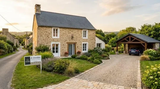 Façade d'une maison traditionnelle corrézienne rénovée avec huisseries modernes, jardin soigné et panneau à vendre, sous une lumière dorée
