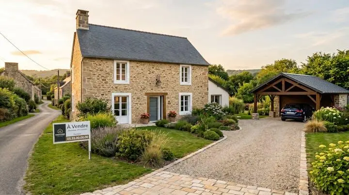 Façade d'une maison traditionnelle corrézienne rénovée avec huisseries modernes, jardin soigné et panneau à vendre, sous une lumière dorée