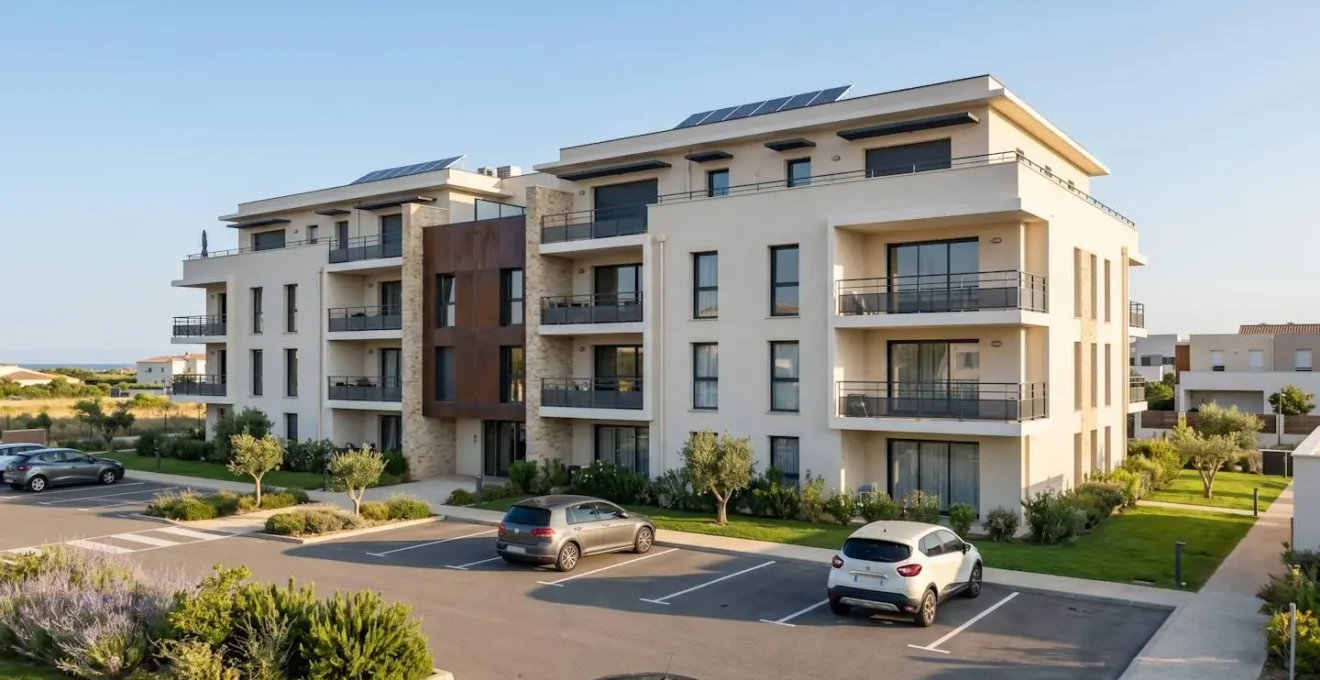 Façade extérieure d'une résidence contemporaine en copropriété en périphérie du Barcarès, architecture récente conforme RT2012/RE2020, bâtiment de 3-4 étages avec balcons, parkings extérieurs et espaces verts communs, lumière naturelle, atmosphère résidentielle calme