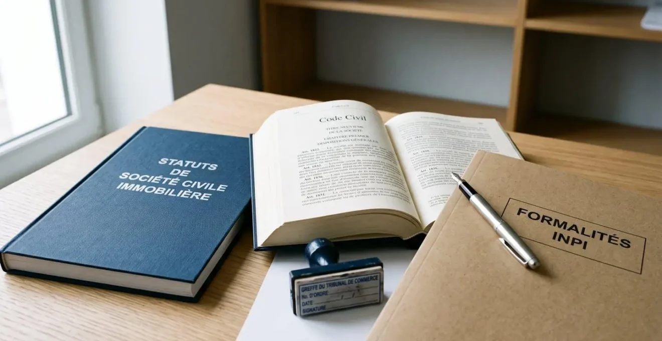 Gros plan sur bureau de notaire avec statuts de SCI reliés, Code civil français ouvert à l'article 1832, tampon officiel du greffe du tribunal de commerce et stylo plume