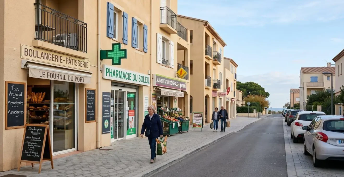 Rue commerçante d'un quartier résidentiel du Barcarès en période hors saison avec commerces de proximité ouverts (boulangerie, pharmacie, supérette) et habitants marchant sur le trottoir, architecture méditerranéenne contemporaine, lumière naturelle douce, atmosphère résidentielle paisible