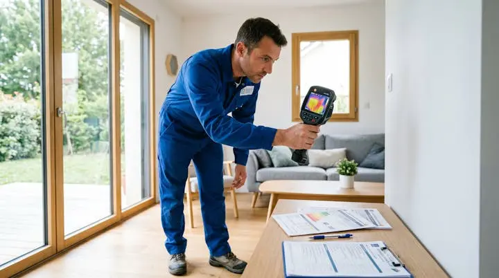 Technicien réalisant un diagnostic de performance énergétique dans un salon moderne avec appareil de mesure thermique