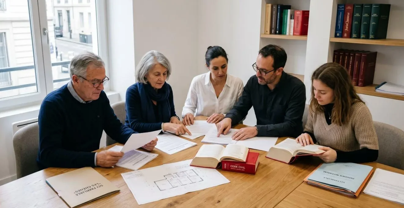 Trois générations d'une famille française réunies autour d'une table en bois, consultant ensemble des documents immobiliers, plans architecturaux et statuts de SCI dans un bureau de notaire contemporain éclairé par lumière naturelle