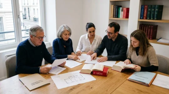 Trois générations d'une famille française réunies autour d'une table en bois, consultant ensemble des documents immobiliers, plans architecturaux et statuts de SCI dans un bureau de notaire contemporain éclairé par lumière naturelle