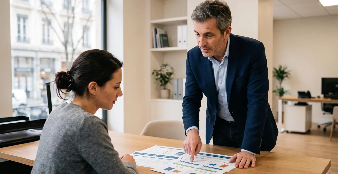 Financial advisor presenting mortgage loan simulations to client in professional office