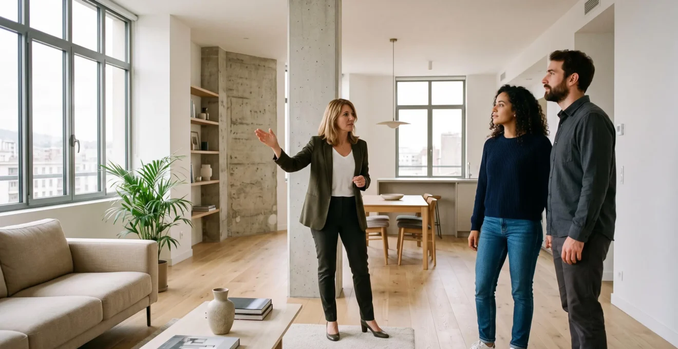Couple visiting a modern apartment with real estate agent in bright living space
