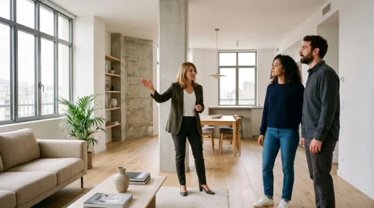 Couple visiting a modern apartment with real estate agent in bright living space