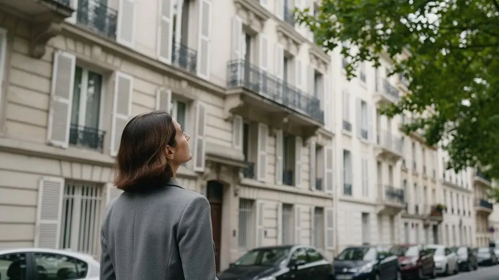 Woman contemplating apartment building facade on French residential street