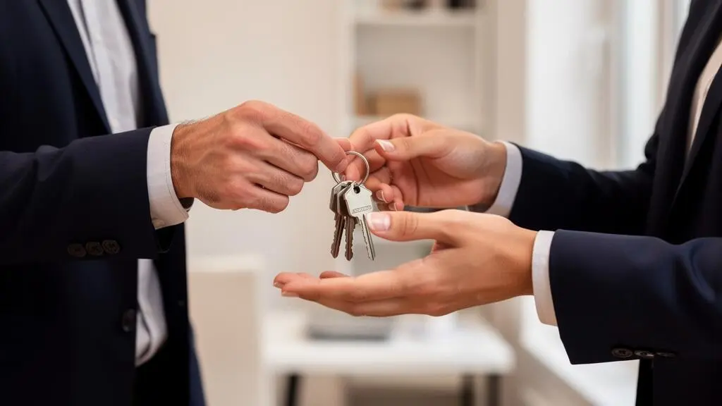 Real estate professional handing apartment keys to new homeowner